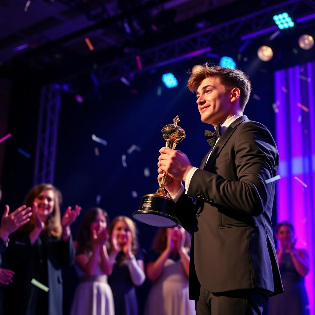 Team member receiving an award on stage at a recognition ceremony
