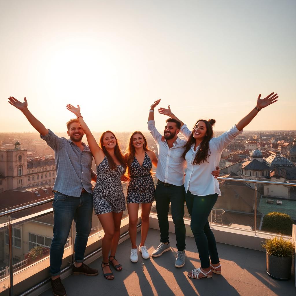 Team celebrating on a rooftop during a company trip
